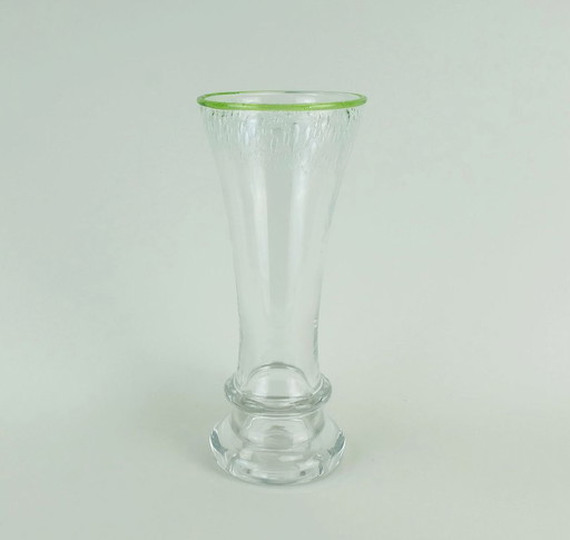 Glasvase aus den 1970er Jahren von Eisch, dickes Klarglas und Blasenglas, grüner Rand