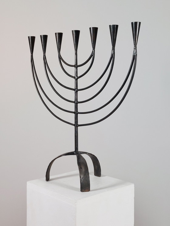Image 1 of Hand-forged Swedish vintage menorah metal candlestick, 7-flame