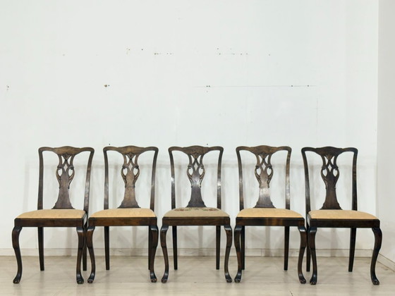 Image 1 of Set di 5 sedie Chippendale antiche / sedie da pranzo in pregiato mogano/noce, circa 1900