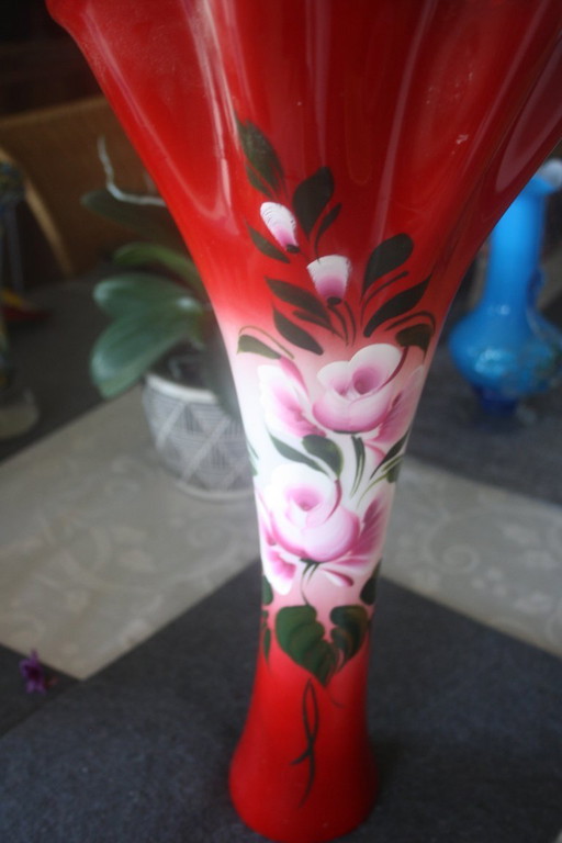 🌹 Vase en verre vintage - peint à la main - rouge-rose avec motif floral - rareté 45 cm🌹