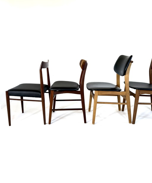 Set di 6 sedie da pranzo danesi, componibili e abbinabili, anni '60.