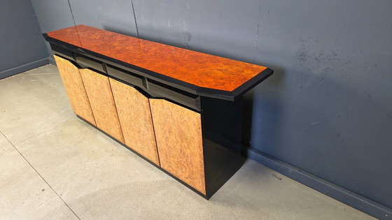 Image 1 of Vintage lacquer and burl wood credenza, 1980s