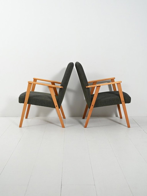 Coppia di poltrone in faggio con rivestimento grigio