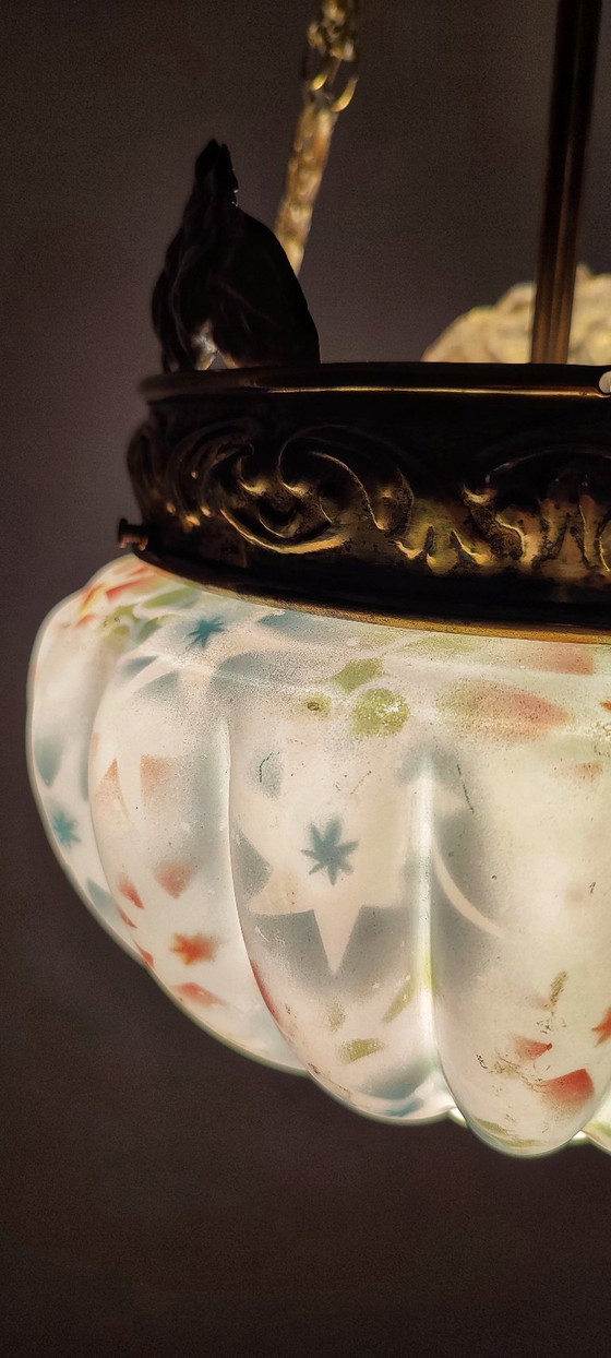 Image 1 of Art Nouveau plafondlamp van messing en glas. Spanje, jaren 1930.