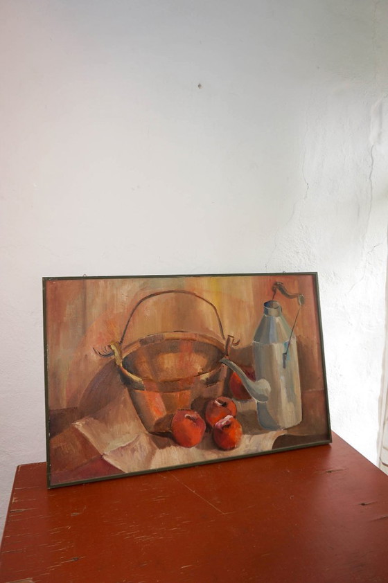 Image 1 of original 1960s oil still life painting * midcentury folk art kitchen scene with apples, basket and enamel jug * rustic eastern e
