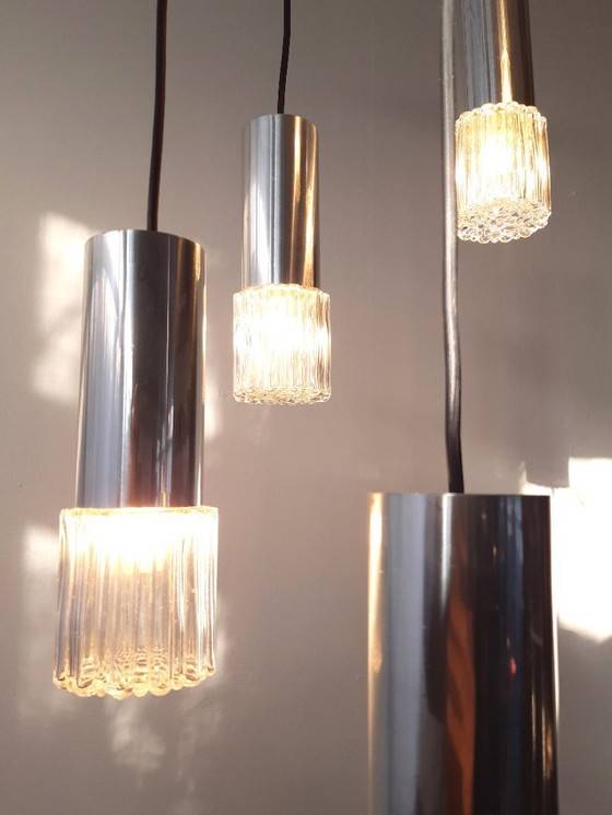 Image 1 of Vintage cascade pendant lamp with 5 transparent glass bubble glass cups, mcm glass chrome chandelier