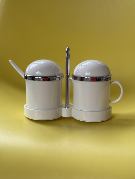 Image 1 of Vintage Emsa melk en suiker set – retro wit kunststof & chroom – West-Duits design jaren 70/80