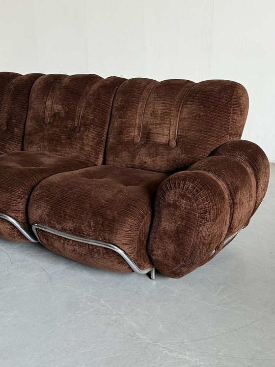 Image 1 of Mid-Century Cloud Sectional Sofa in Dark Brown Striped Fabric Upholstery and Chromed Steel, Italy 1970s