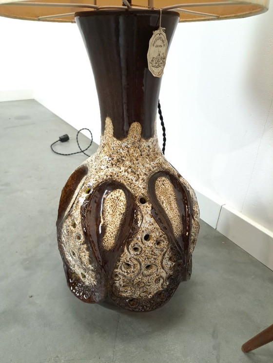 Image 1 of Braune Keramiklampe von Besigheimer Leuchten mit beleuchtetem Sockel