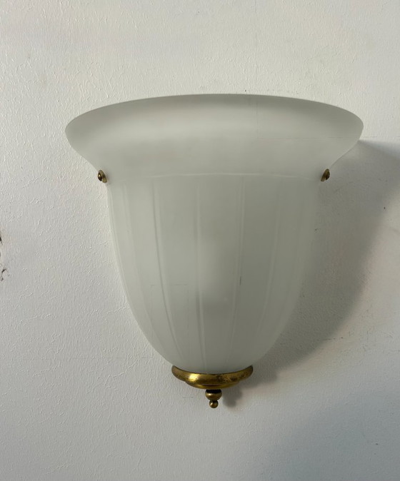 Image 1 of Pair of vintage sconces, brass and sandblasted glass, France 1970