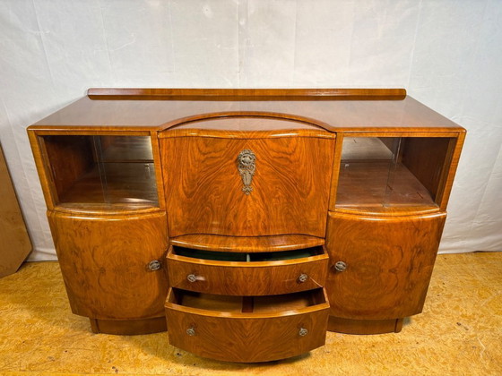 Image 1 of Art Deco Vintage Burr Walnut Cocktail Cabinet / Sideboard by Beautility Circa 1930–1940  A truly stunning Art Deco cocktail cabi