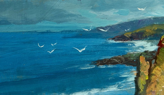 Image 1 of Original Oil Painting Summer Rock Landscape Waves crash against the rocks
