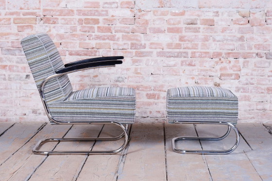 Restored Bauhaus Armchair With Stool, By W. Gispen, Mücke-Melder, Czech, 1930s – Textile, Wood (photo 11 of 19)