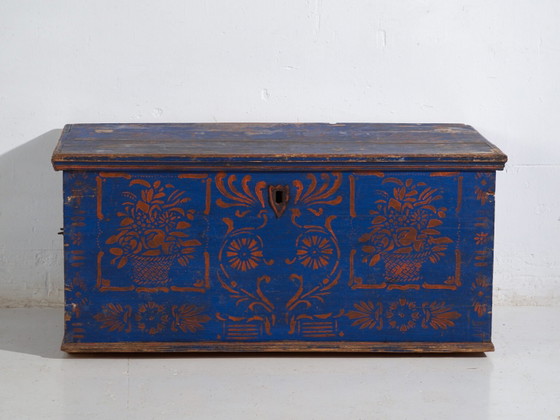 Antique Blue Painted Wooden Chest – Folk Art Blanket Chest – Central Europe c.1900 – Chest of drawers (photo 29 of 40)