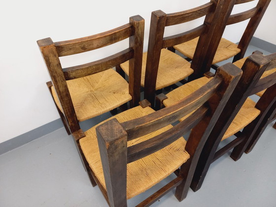 Image 1 of Set of 6 vintage brutalist chairs in solid oak and straw from the 60s