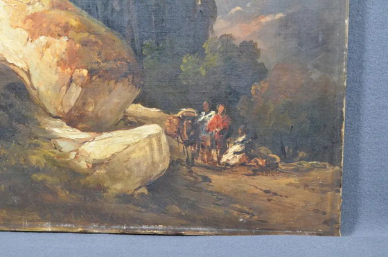 Antique Romantic Landscape Oil Painting With Figures and Rocky Scenery – Paintings & Drawings, Wood, Canvas (photo 10 of 11)