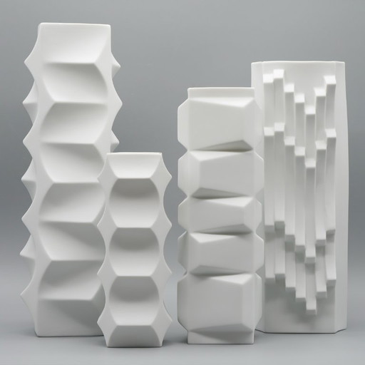 HUTSCHENREUTHER Chic Biskuitporzellan ARCHAIS 4× Vasen-Set Heinrich FUCHS Op Art