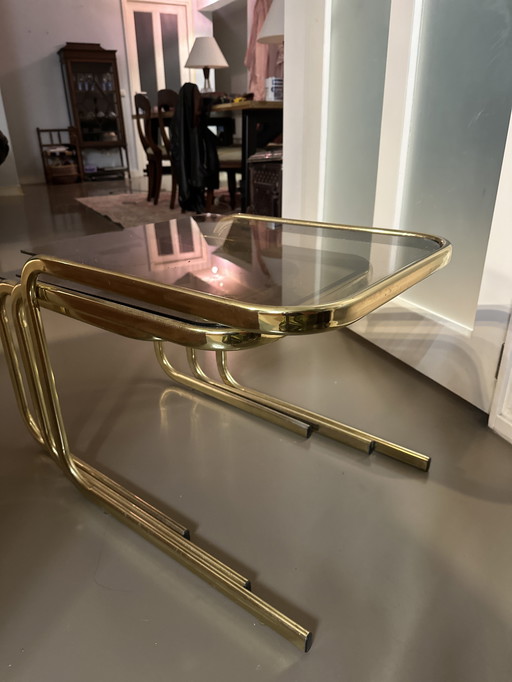 Table gigogne en chrome et verre fumé, style Mid-Century, Milo Baugham