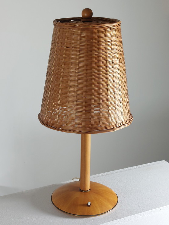 Image 1 of Vintage Temde wood brass 1950s table lamp basket shade