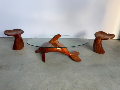 Polyte Solet Dolphin Coffee Table And Stools, 1990s – salontafels, Glass, Wood