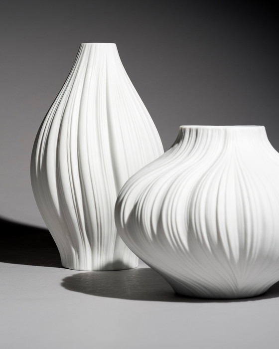 Image 1 of Rosenthal Vase Duo Martin Freyer Bisque Porcelain Plissée Iconic Design 2. Wahl 