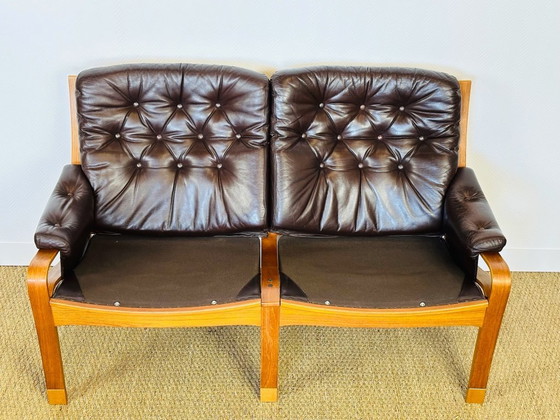 Image 1 of Scandinavian teak and leather bench, 1960