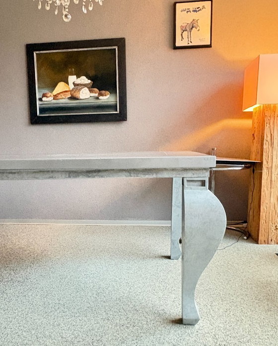 Image 1 of Zinc dining table with or without 8 leather chairs (Henders & Hazel) on wheels