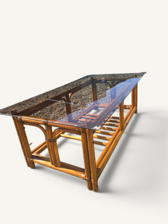 Vintage Rattan and Bamboo Coffee Table with Smoked Glass Top (photo 4 of 5)