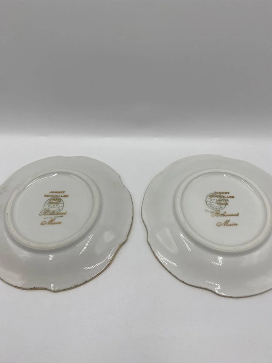 Paar dekorative Jammet Seignolles Limoges Teller – Handbemalte, galante Szenen – Vergoldeter, gewellter Rand (photo 4 of 4)
