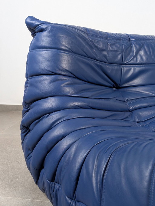 Michel Ducaroy Togo Loveseat in Blue Leather for Ligne Roset, France, 1980s