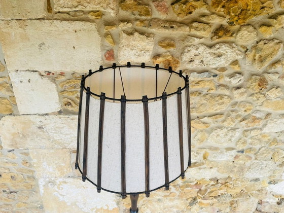 Image 1 of Mid-Century, Turned Wood, Bamboo Rattan Floor Lamp Circa 1950s