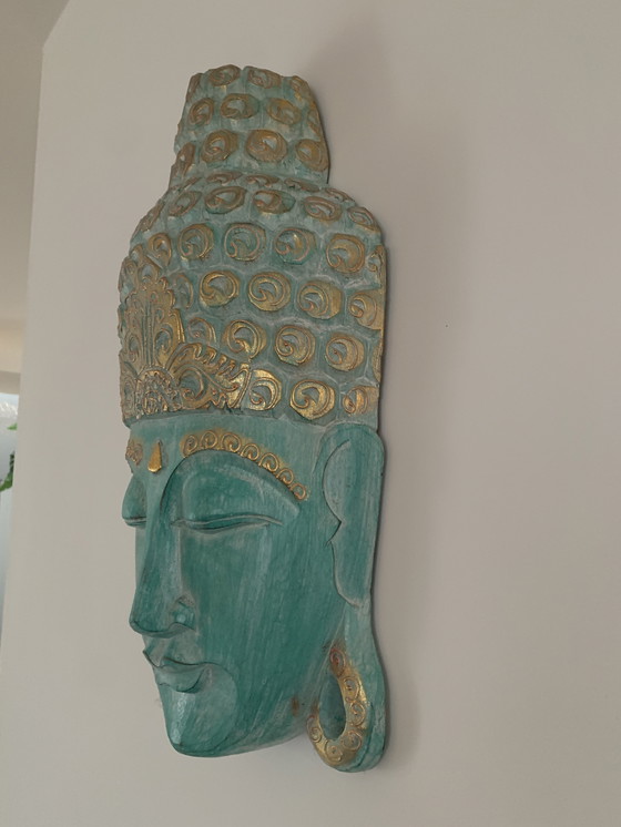 Image 1 of Buddha head wood blue-green and gold