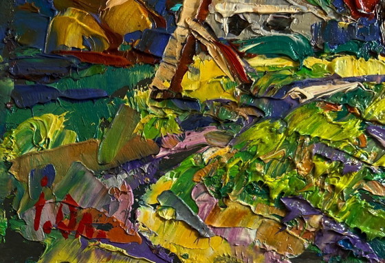 Image 1 of Original Oil Painting Evening Houses Landscape Autumn has come to the village