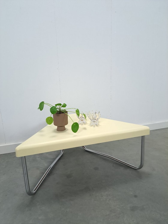 Image 1 of Space age triangular plastic table with chrome tubular frame legs