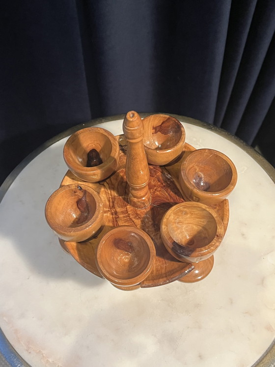 Image 1 of Set di portauova in legno vintage di metà secolo su giostra (7 pezzi)