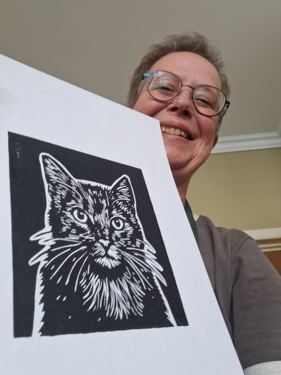 Linogravure 'Black cat' – M. Jasperse, Objets d'art, Papier (photo 6 of 6)