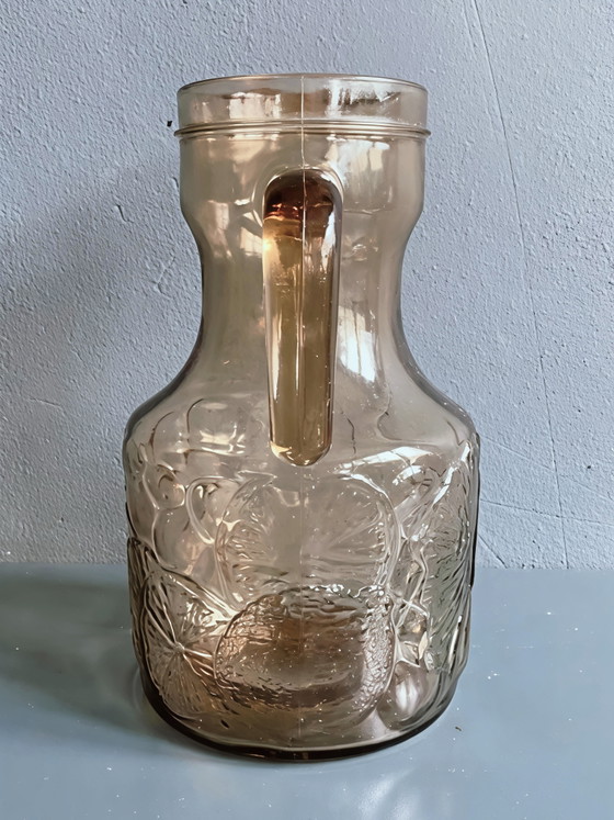 Image 1 of Carafe à jus et verres en verre fumé italien vintage — Service de 7 pièces (motif agrumes)
