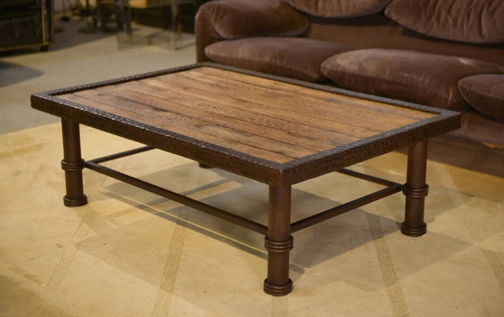 Brutalist coffee table made of wood and wrought iron from the 1960s., Brown (photo 3 of 13)