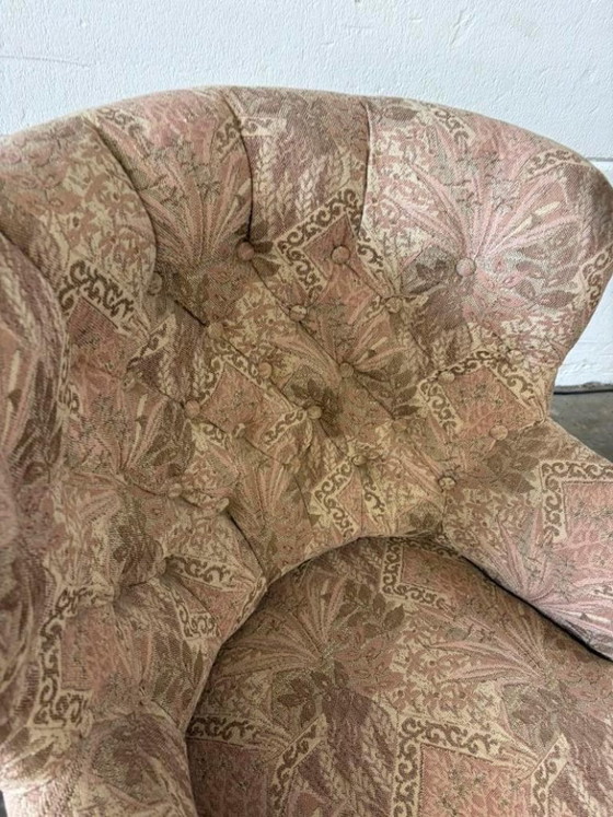 Image 1 of Fauteuil vintage rose clair à motifs floraux / une place avec franges