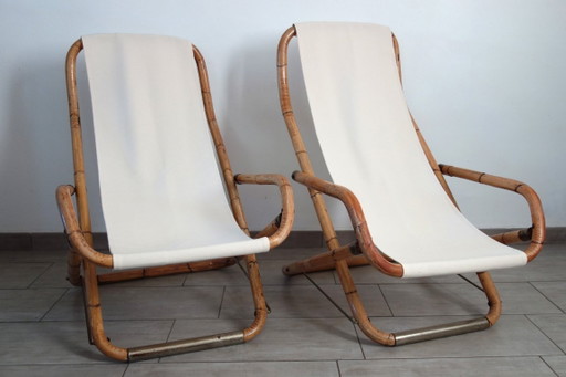Paar klappbare Liegestühle aus Bambus und Messing, Italien, 1960er Jahre – klapstoelen, Textile, Canvas