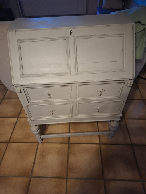 Antieke/Vintage Secretaire – Grijs Gepatineerd – bureau, Wood, Metal
