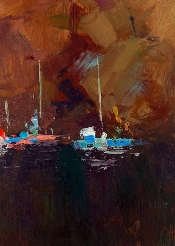 Image 1 of Original Oil Painting Coastal Rock Landscape Sails Against The Backdrop Of Mountains