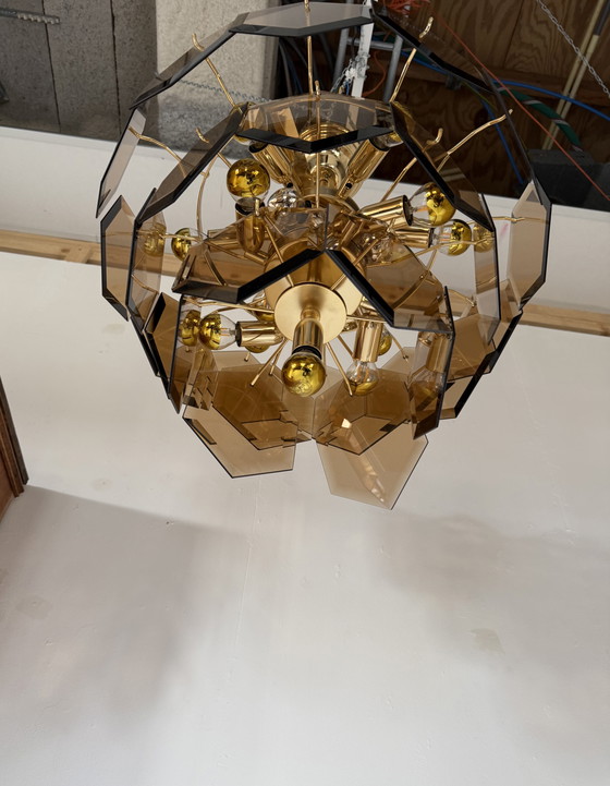 Image 1 of Vintage hexagon rookglazen kroonluchter, Italië ‘70