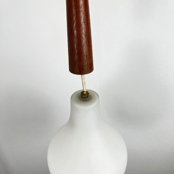 Image 1 of Scandinavian opaline and teak pendant light, midcentury modern