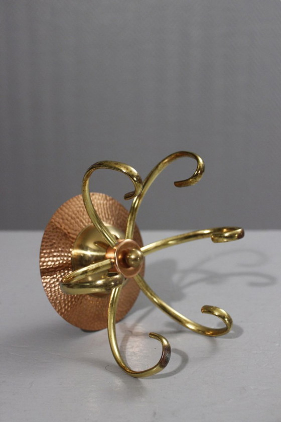 Image 1 of Candelabro antiguo de cobre, latón y cristal, diseño modernista, década de 1950.