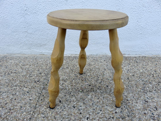 Image 1 of Tripod Stool Light Wood, Farmhouse Stool, 1970