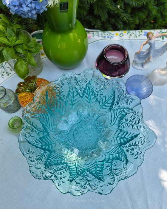 Image 1 of Een prachtige Pukeberg Zweden Uno Westenberg turquoise grote glazen schaal.