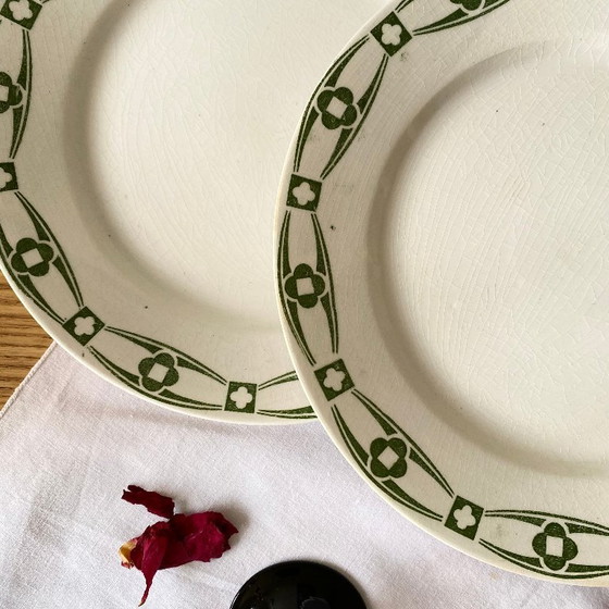 Image 1 of Set of 6 dessert plates, Creil and Montereau Labrador pattern, Annecy green, ironstone.