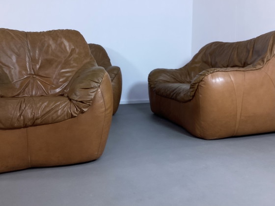 Image 1 of Ensemble de sièges vintage en cuir cognac des années 70, italien et français