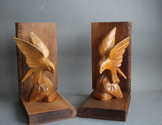 Image 1 of Art Deco bookends, eagle hand-carved from wood